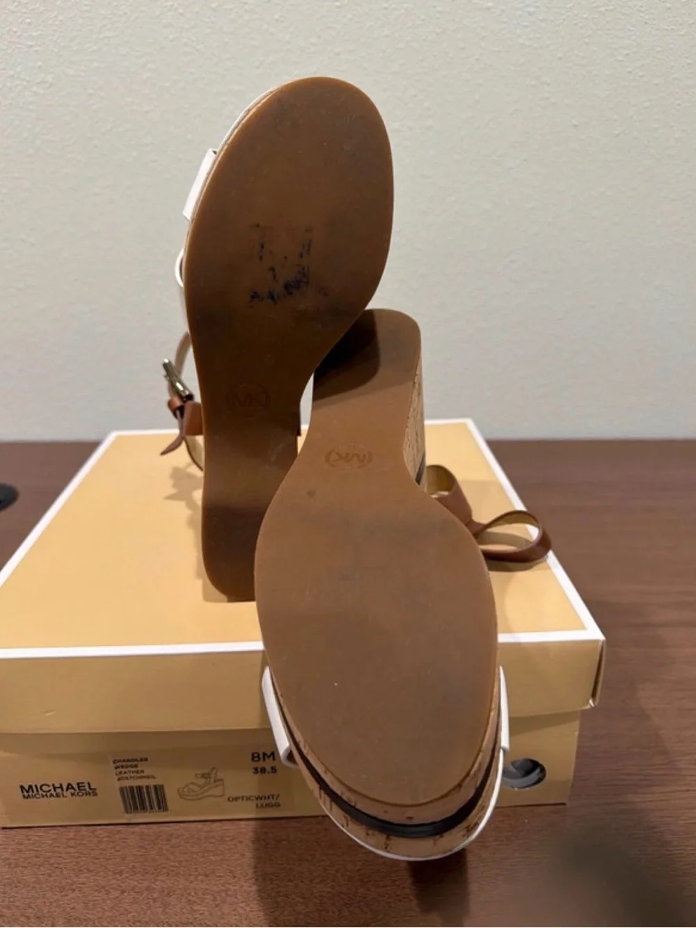 Michael Kors White & Luggage Leather Cork Platform Wedge Sandals – Size 8